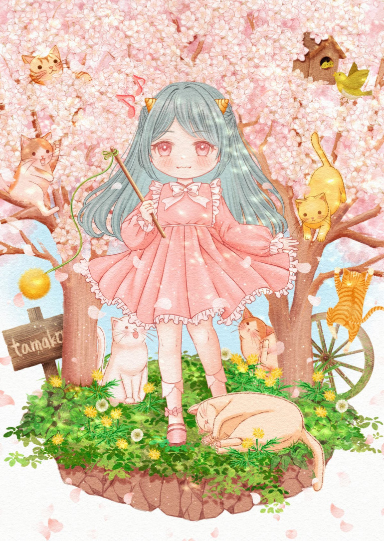 猫と花見の鬼の子｜作品詳細｜ILLUST DAYS シンプルイラストポートフォリオ