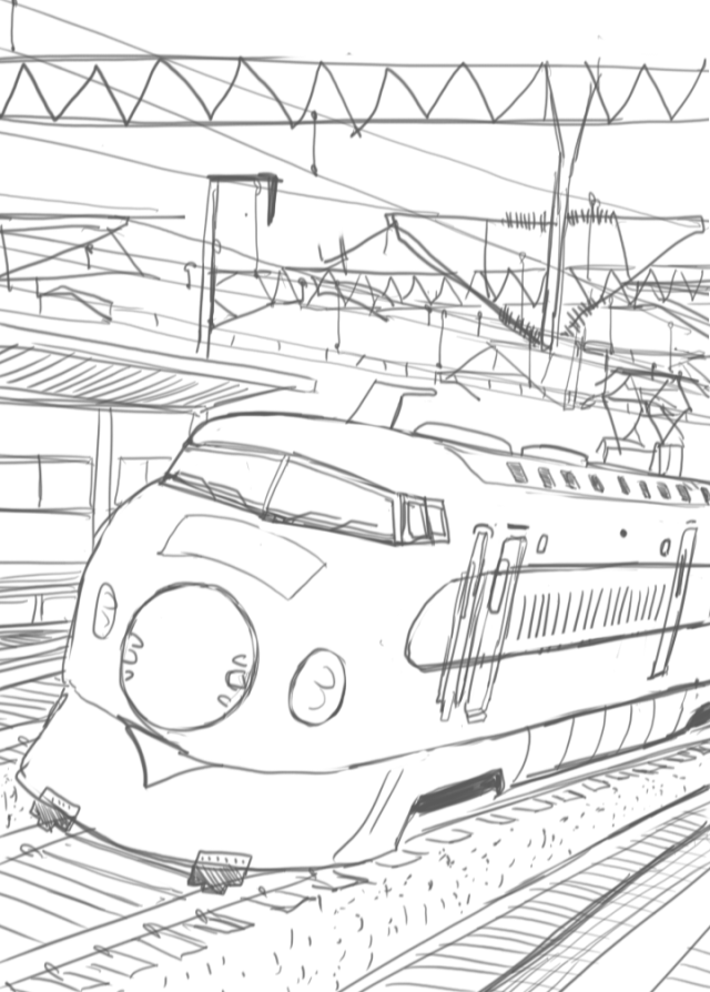 駅を通過する0系新幹線（スマホで落書き&GeminiでAI生成）｜作品詳細